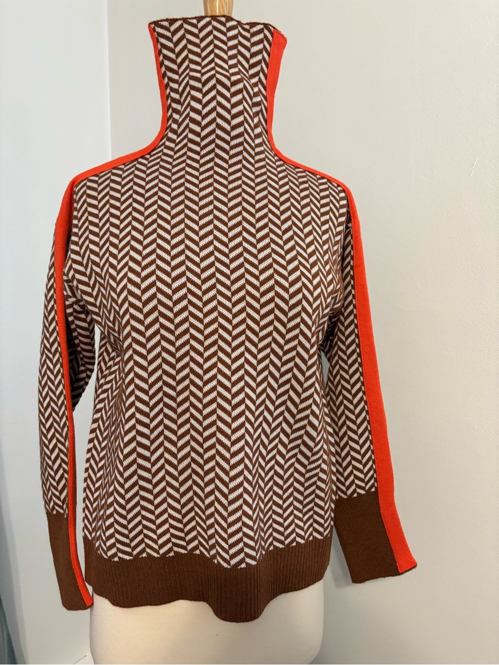 Chevron Knit Sweater with Orange Trim